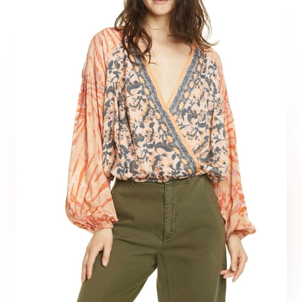 Free People|Cruisin Together Boho mixed print crop top,tribal floral long sleeve